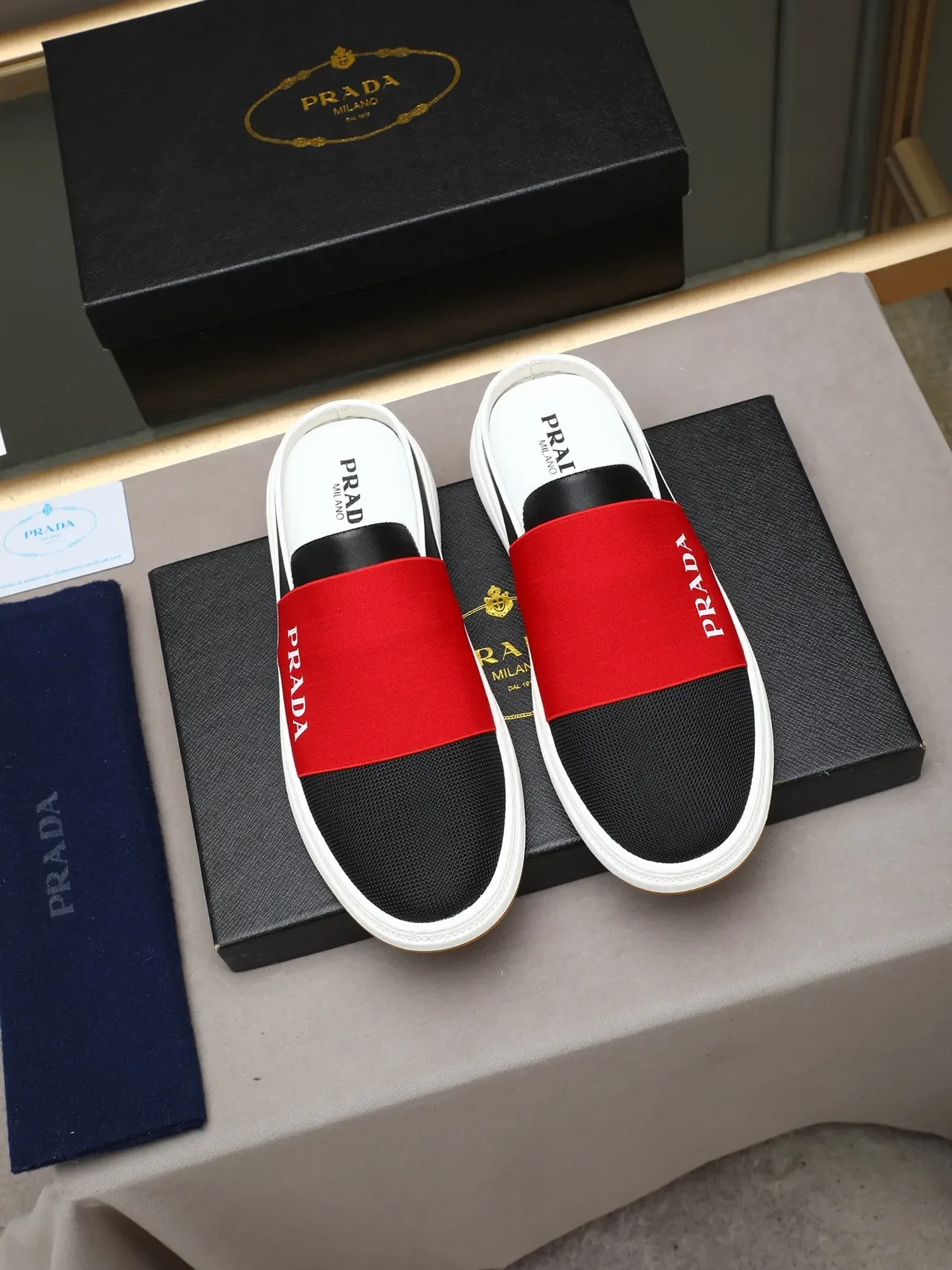 Prada Red Black Color-Blocked Elastic Strap Mesh And Leather Upper Casual Shoes 4
