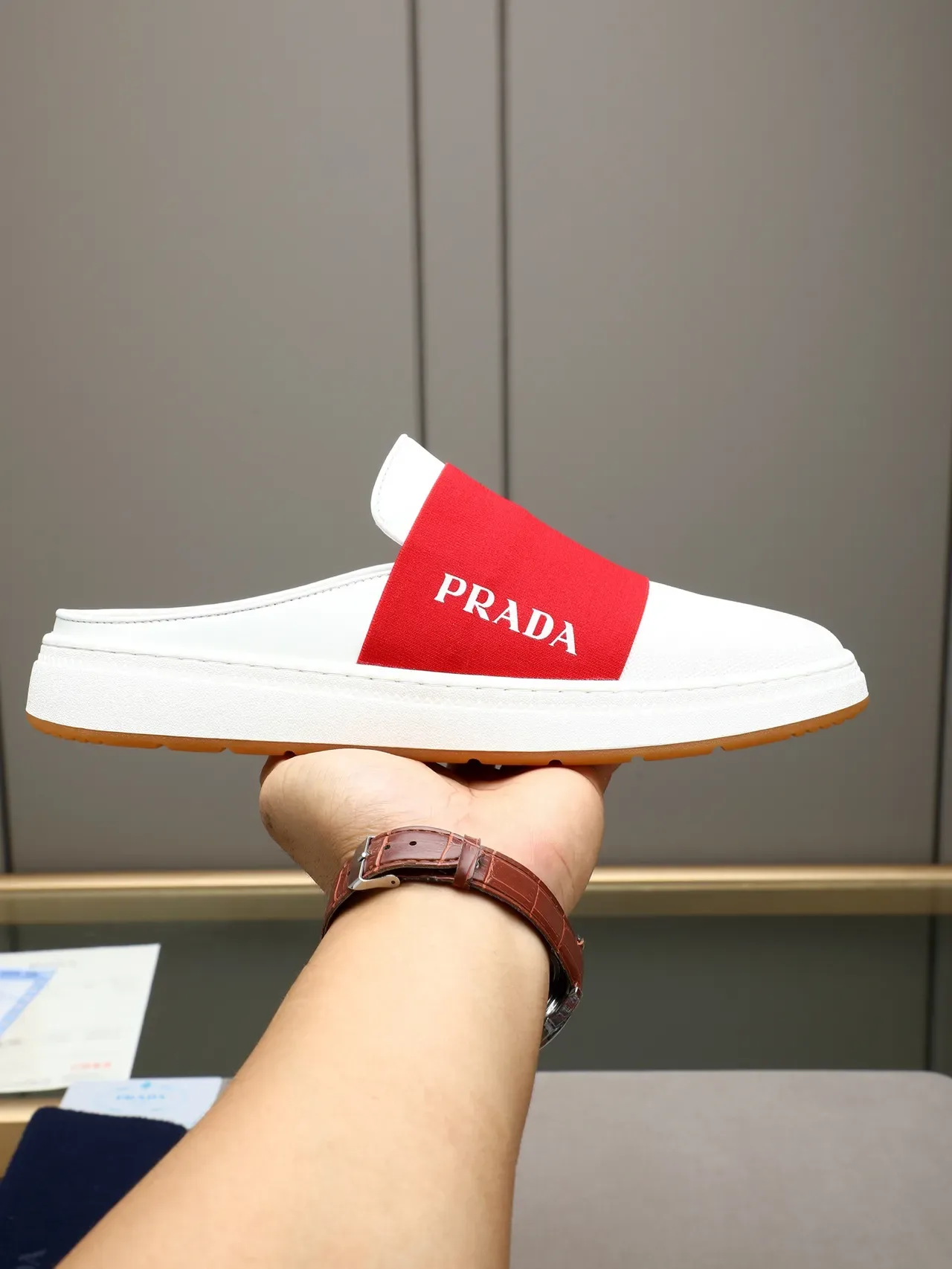 Prada Red Black Color-Blocked Elastic Strap Mesh And Leather Upper Casual Shoes 8