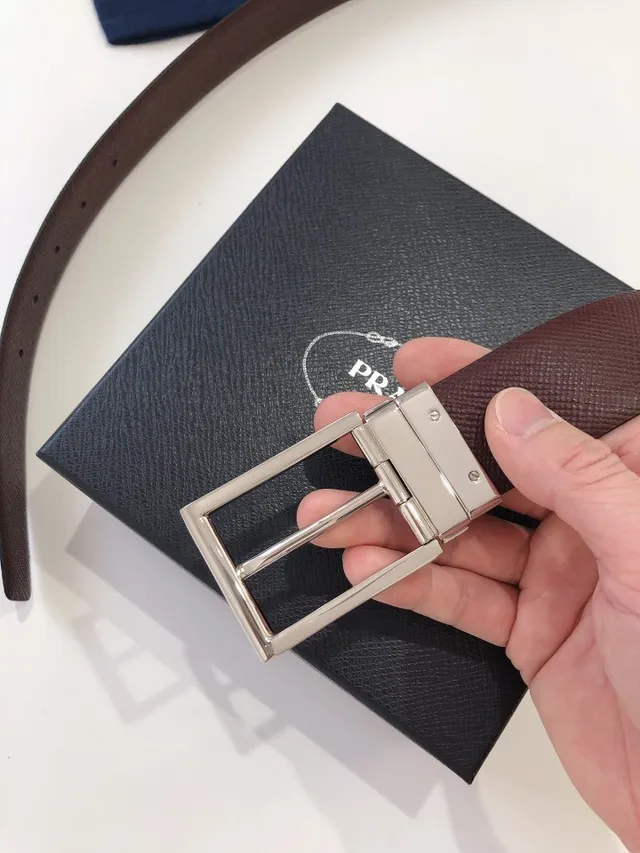 Prada Reversible Textured Black and Burgundy Leather Belt 4