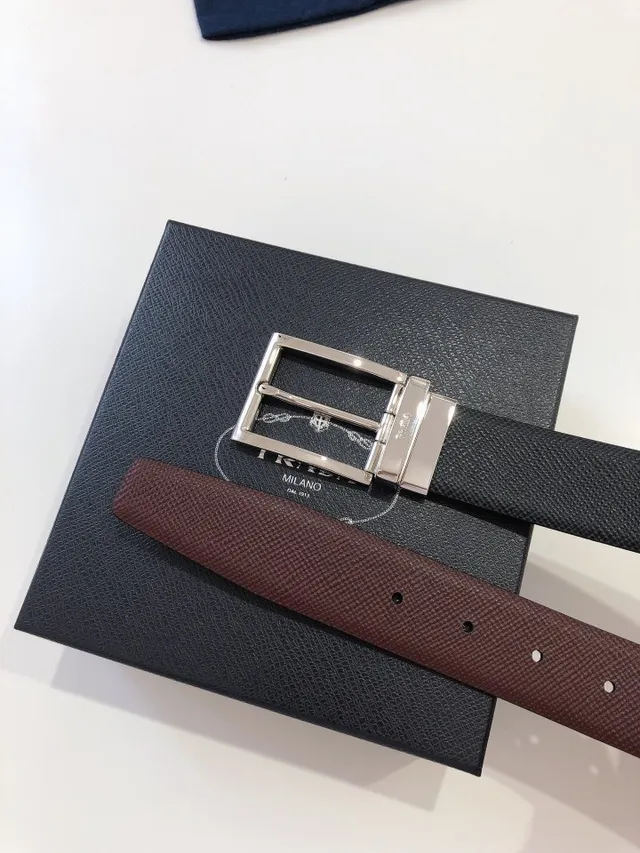 Prada Reversible Textured Black and Burgundy Leather Belt 9
