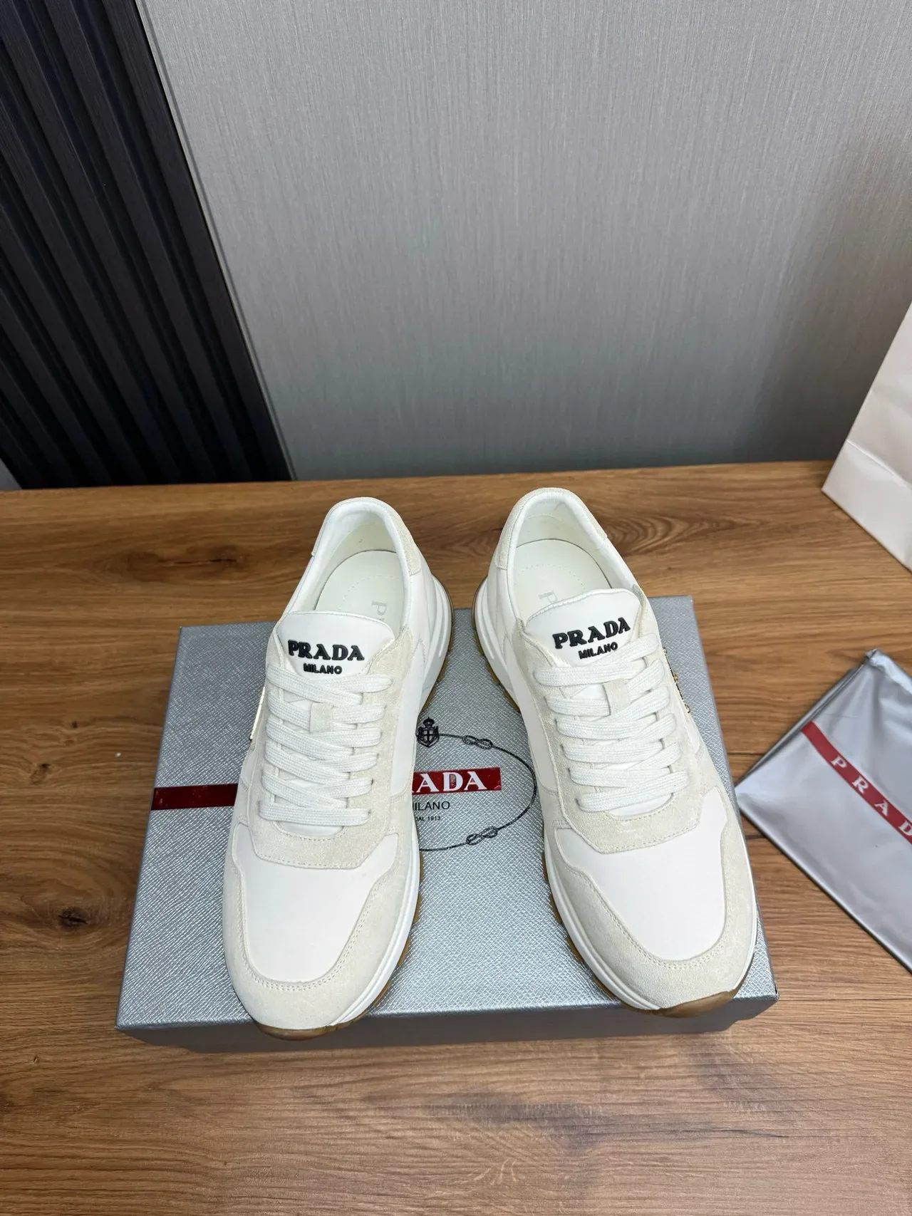 Prada White Beige Two-Tone Suede And Leather Paneling Lifestyle Sneakers 2