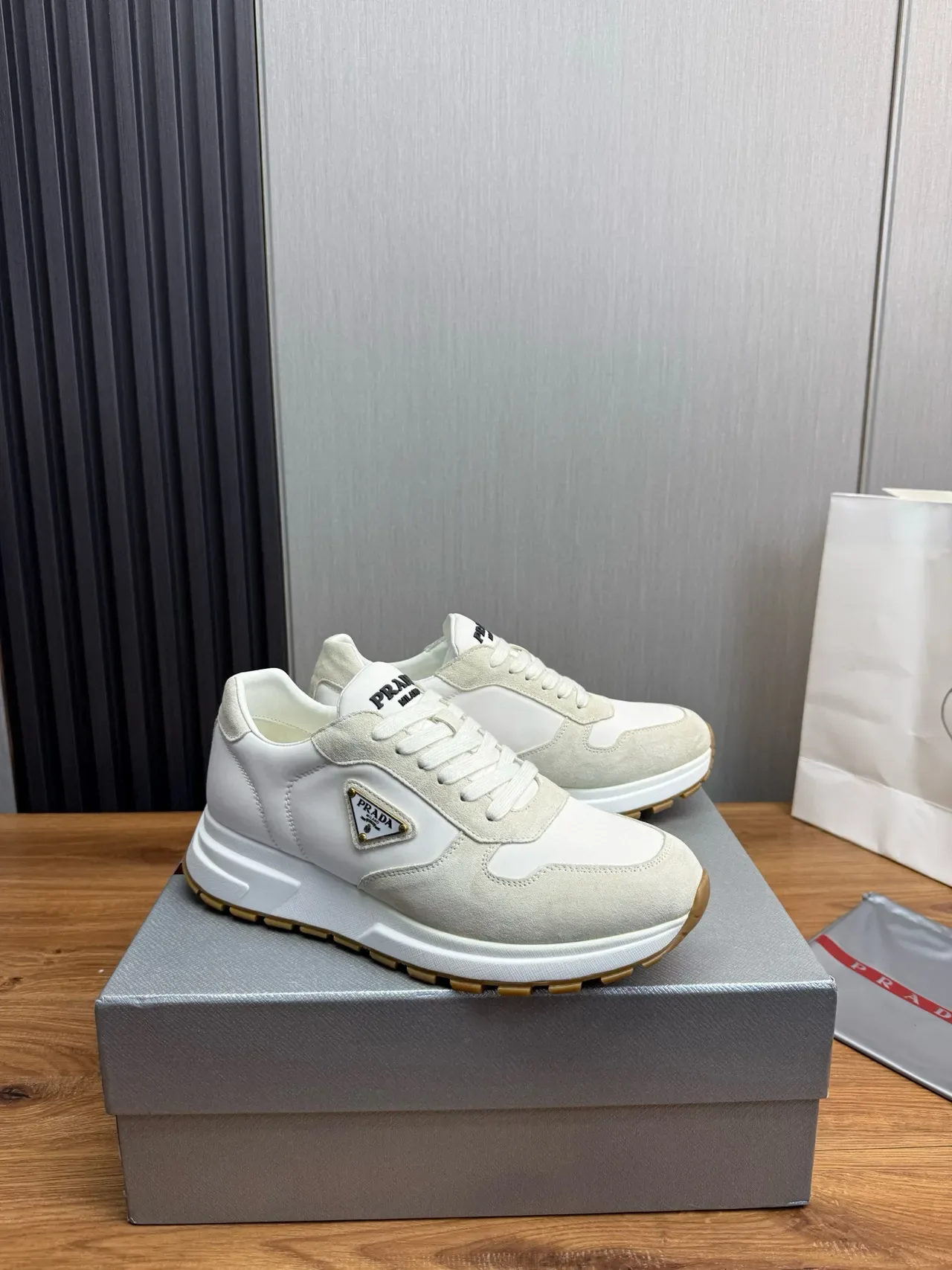 Prada White Beige Two-Tone Suede And Leather Paneling Lifestyle Sneakers 3