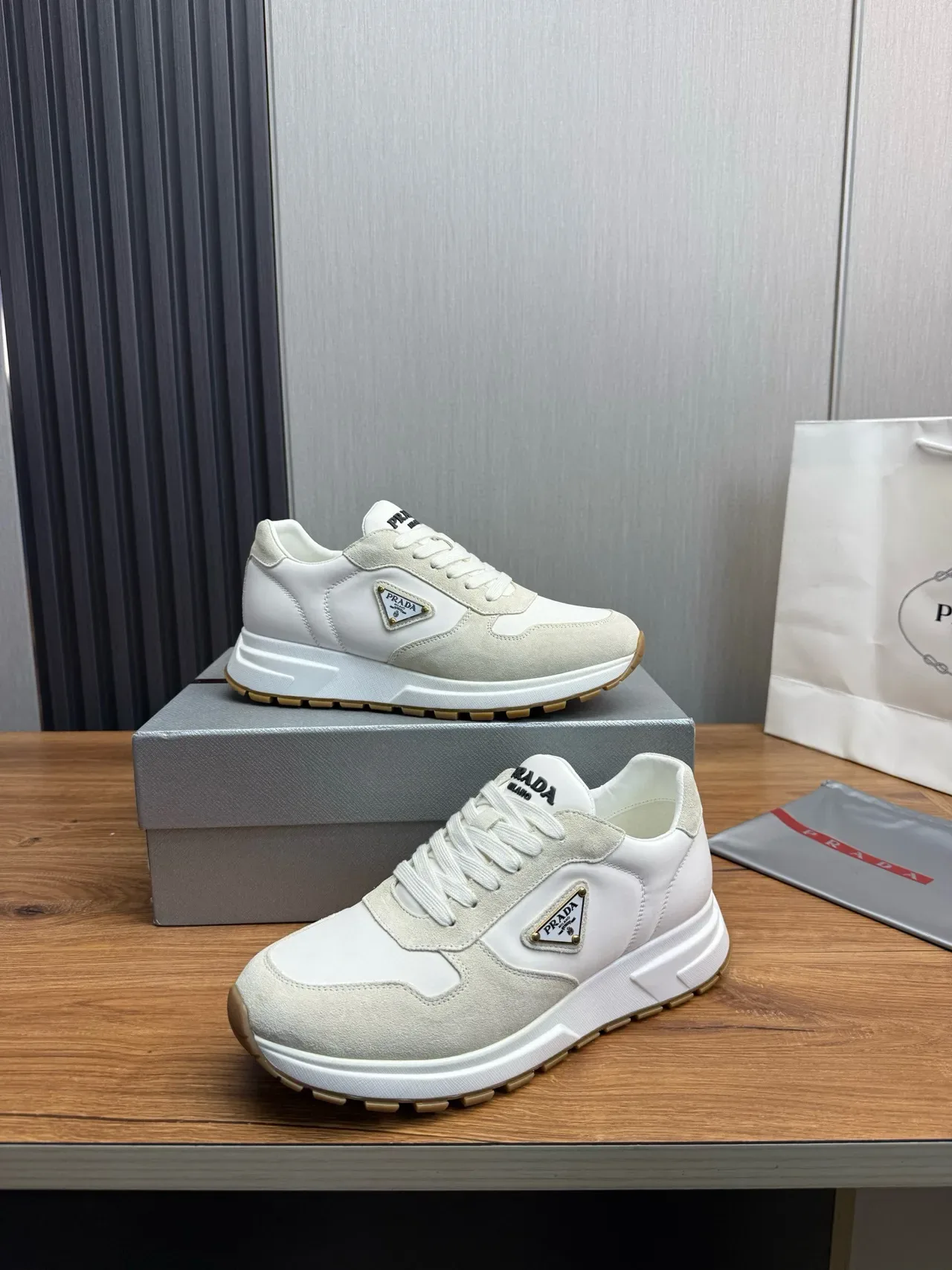 Prada White Beige Two-Tone Suede And Leather Paneling Lifestyle Sneakers 4
