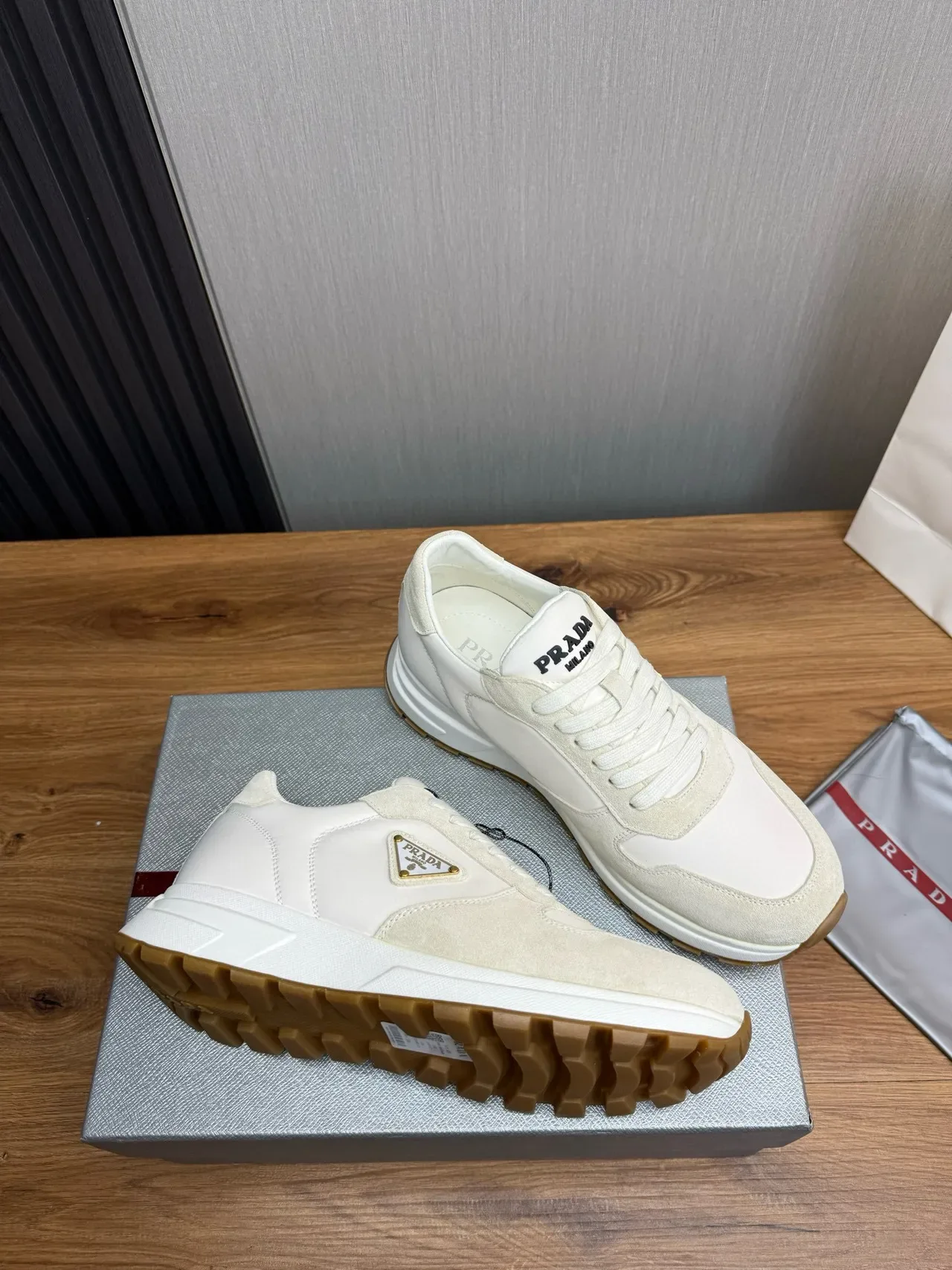 Prada White Beige Two-Tone Suede And Leather Paneling Lifestyle Sneakers 6