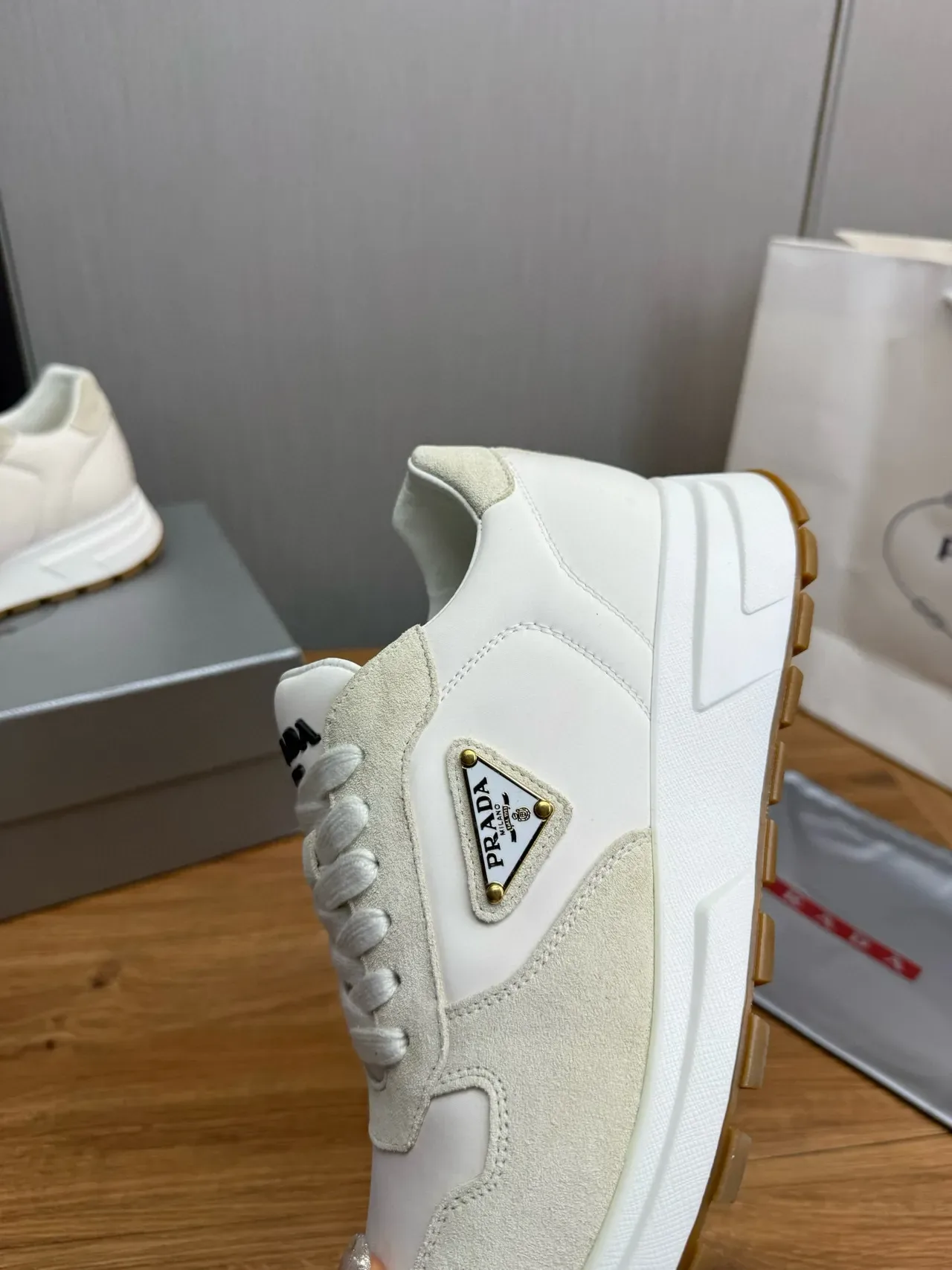 Prada White Beige Two-Tone Suede And Leather Paneling Lifestyle Sneakers 8