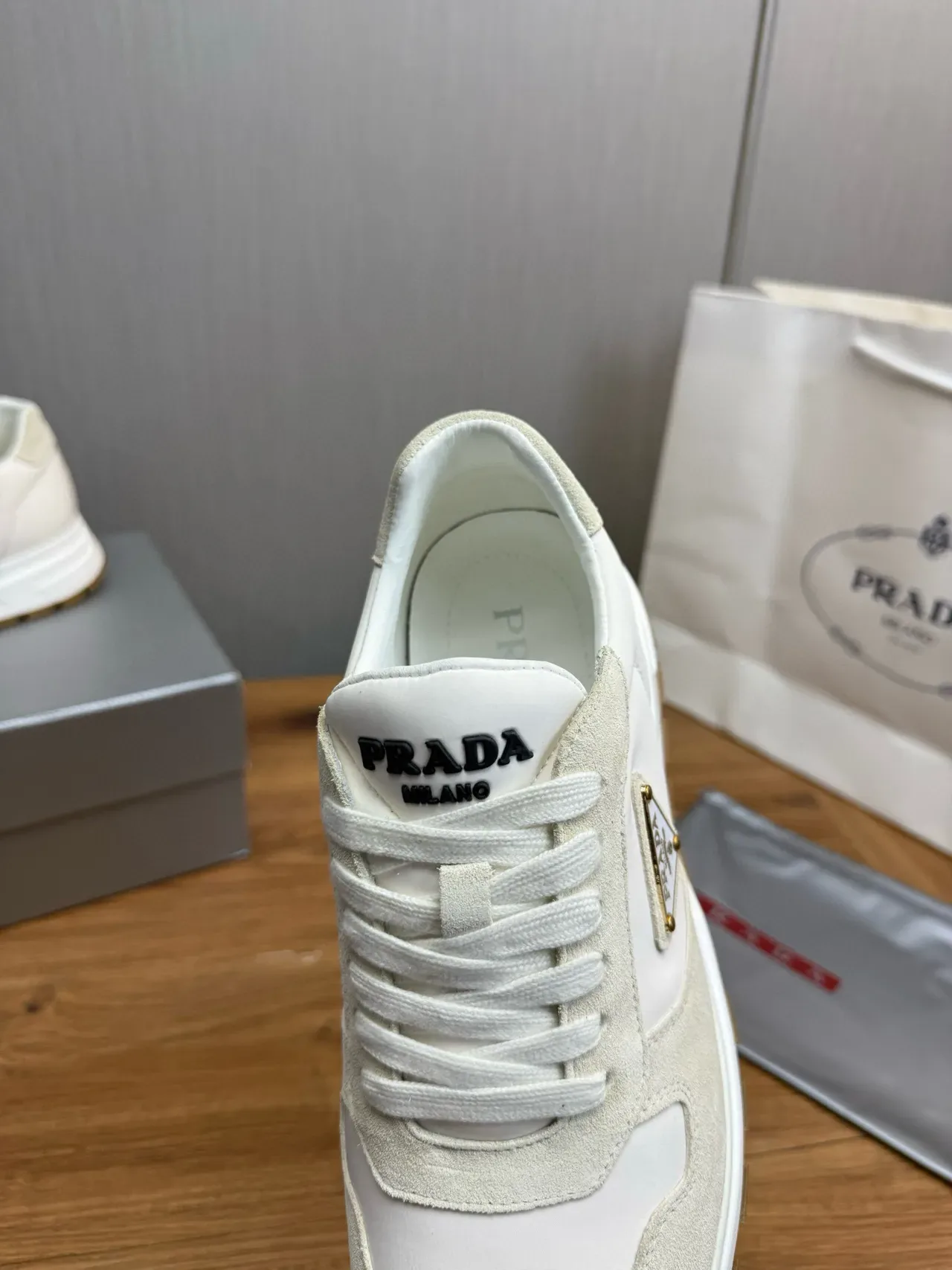 Prada White Beige Two-Tone Suede And Leather Paneling Lifestyle Sneakers 9