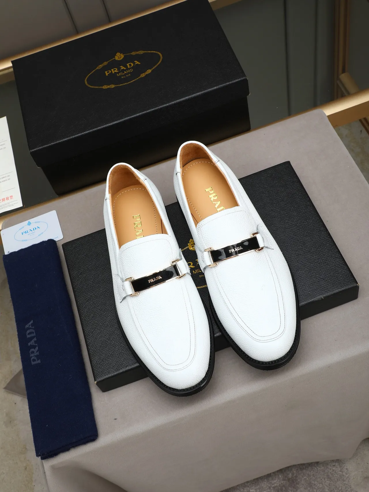Prada White Black Pebbled Leather Single Strap Loafer 2