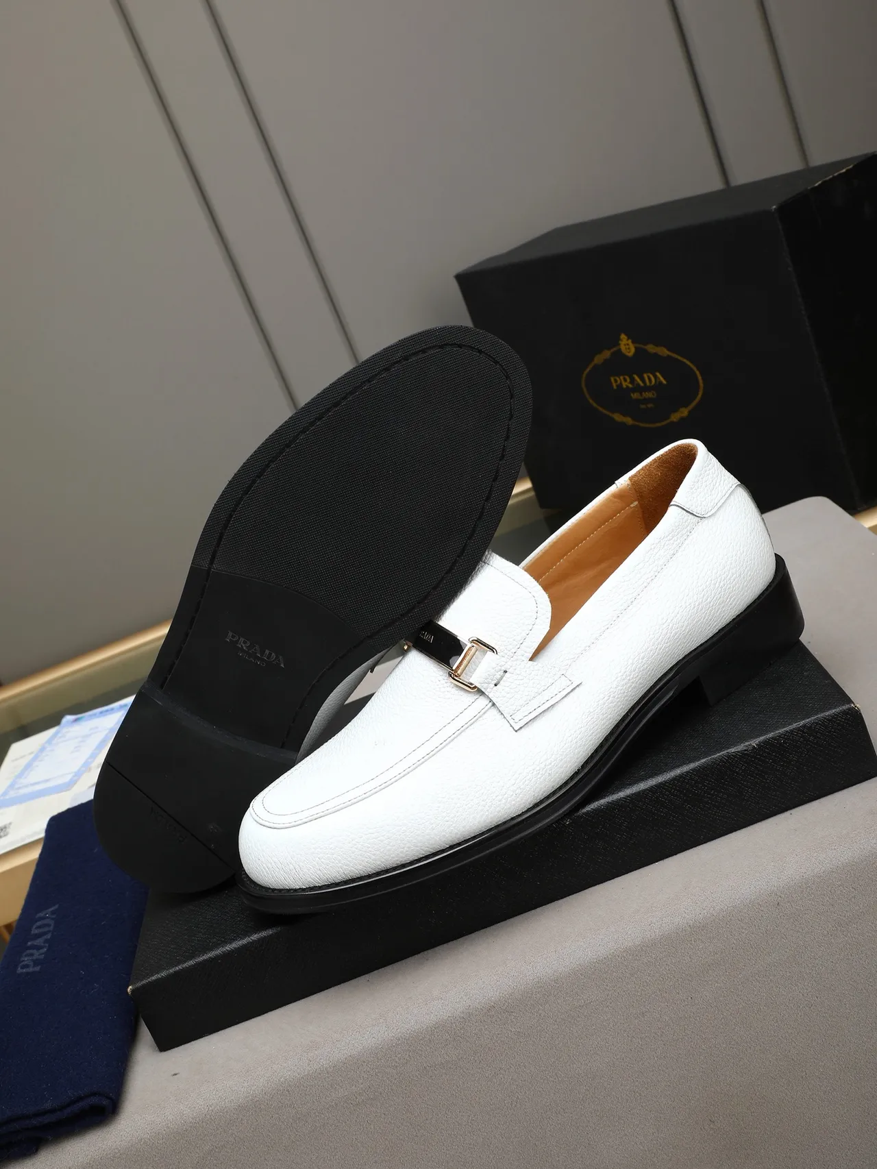 Prada White Black Pebbled Leather Single Strap Loafer 4