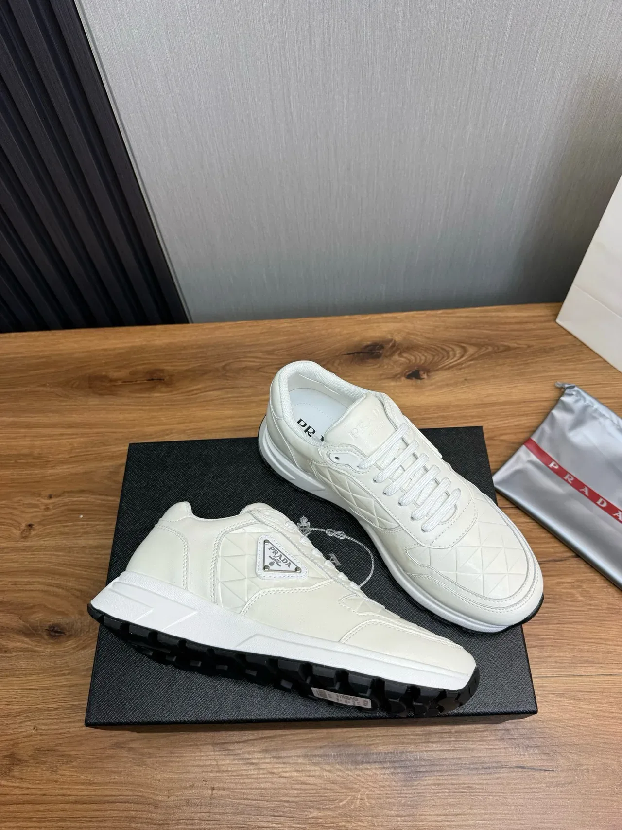 Prada White Black Quilted Leather Upper Triangular Logo Plaque Lifestyle Sneakers 5