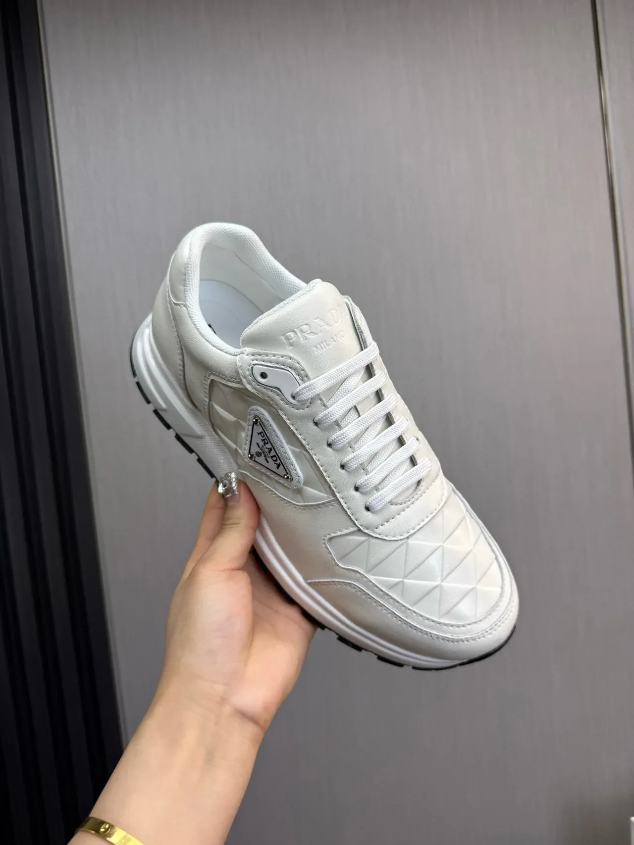 Prada White Black Quilted Leather Upper Triangular Logo Plaque Lifestyle Sneakers 7