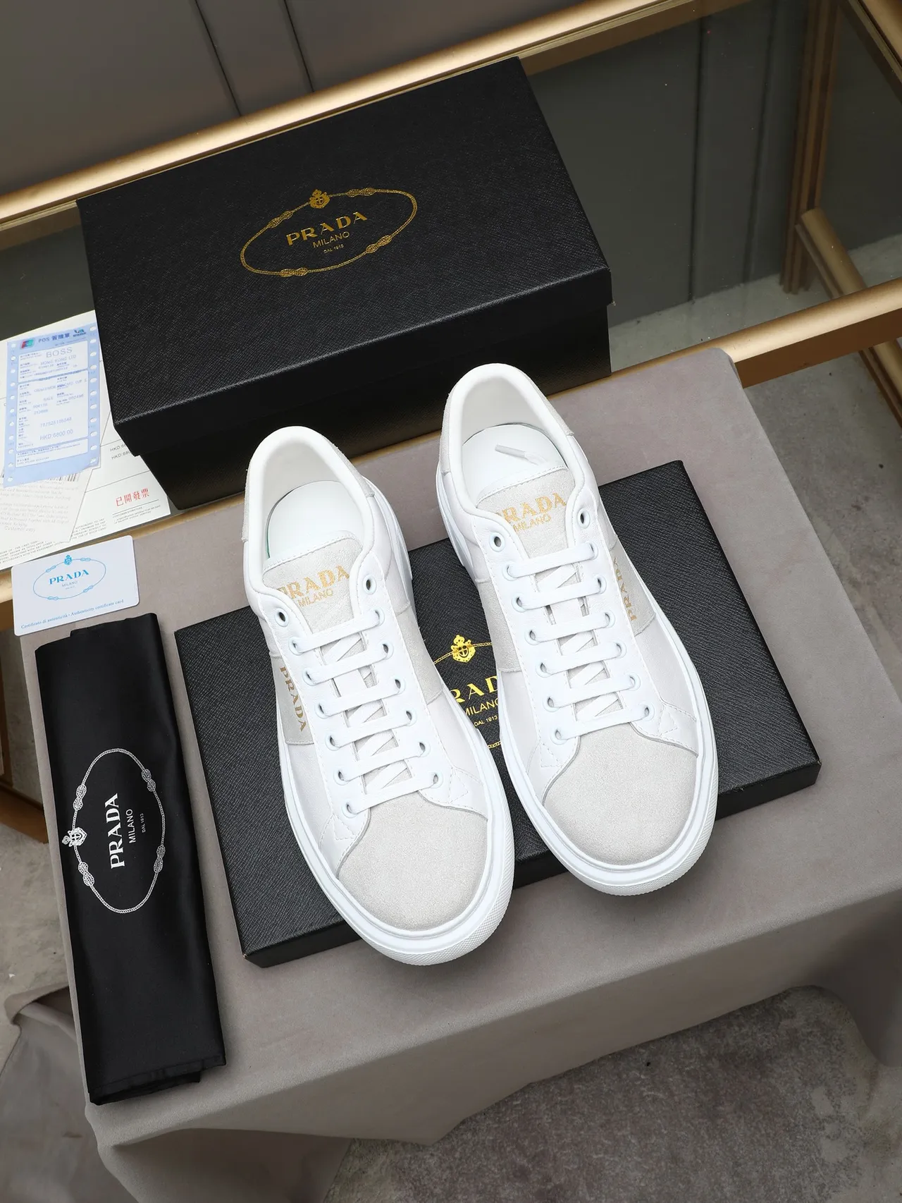Prada White Gray Paneled Leather And Suede Upper Gold-Tone Logo Branding Lifestyle Sneakers 2
