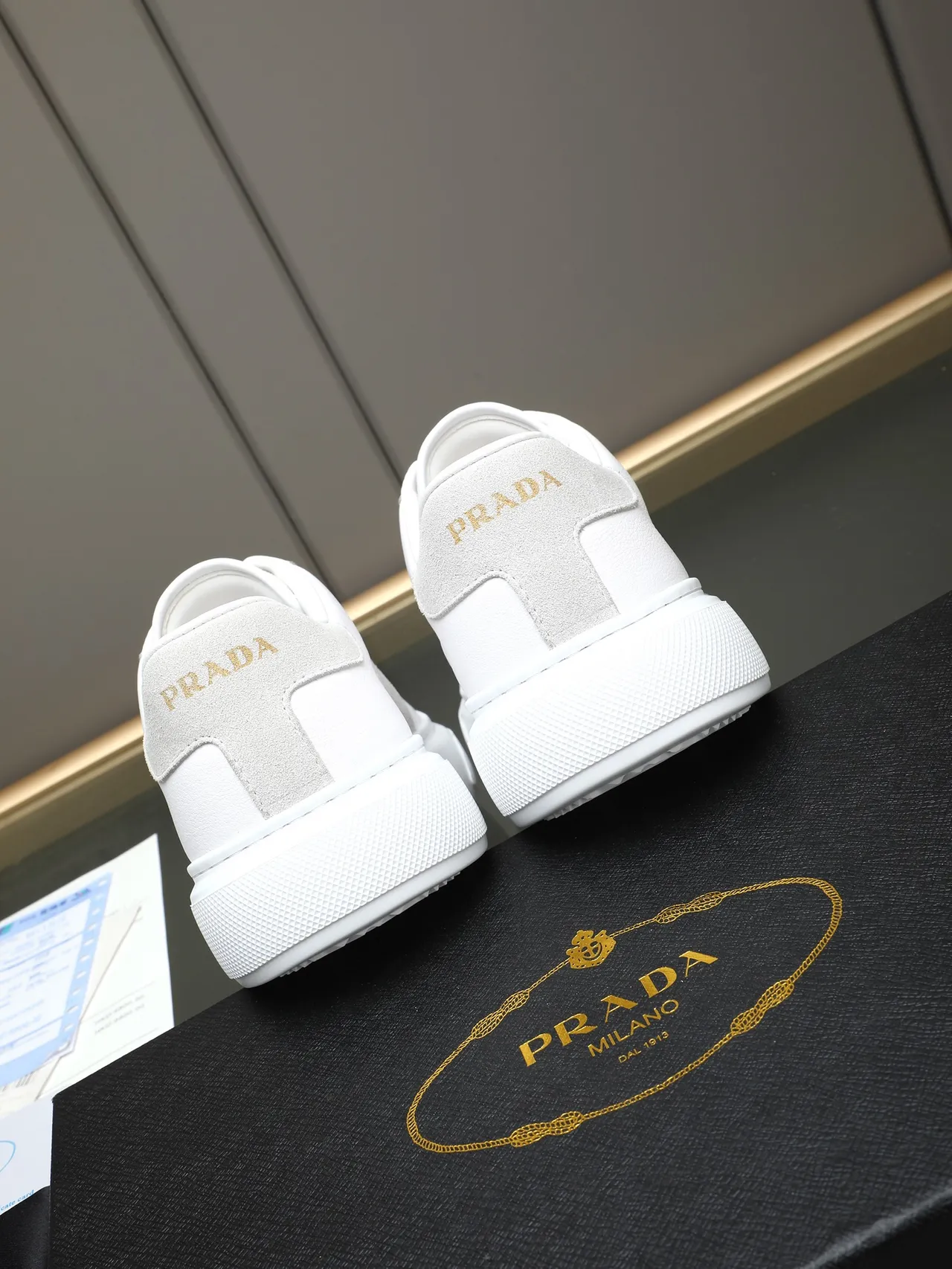 Prada White Gray Paneled Leather And Suede Upper Gold-Tone Logo Branding Lifestyle Sneakers 3