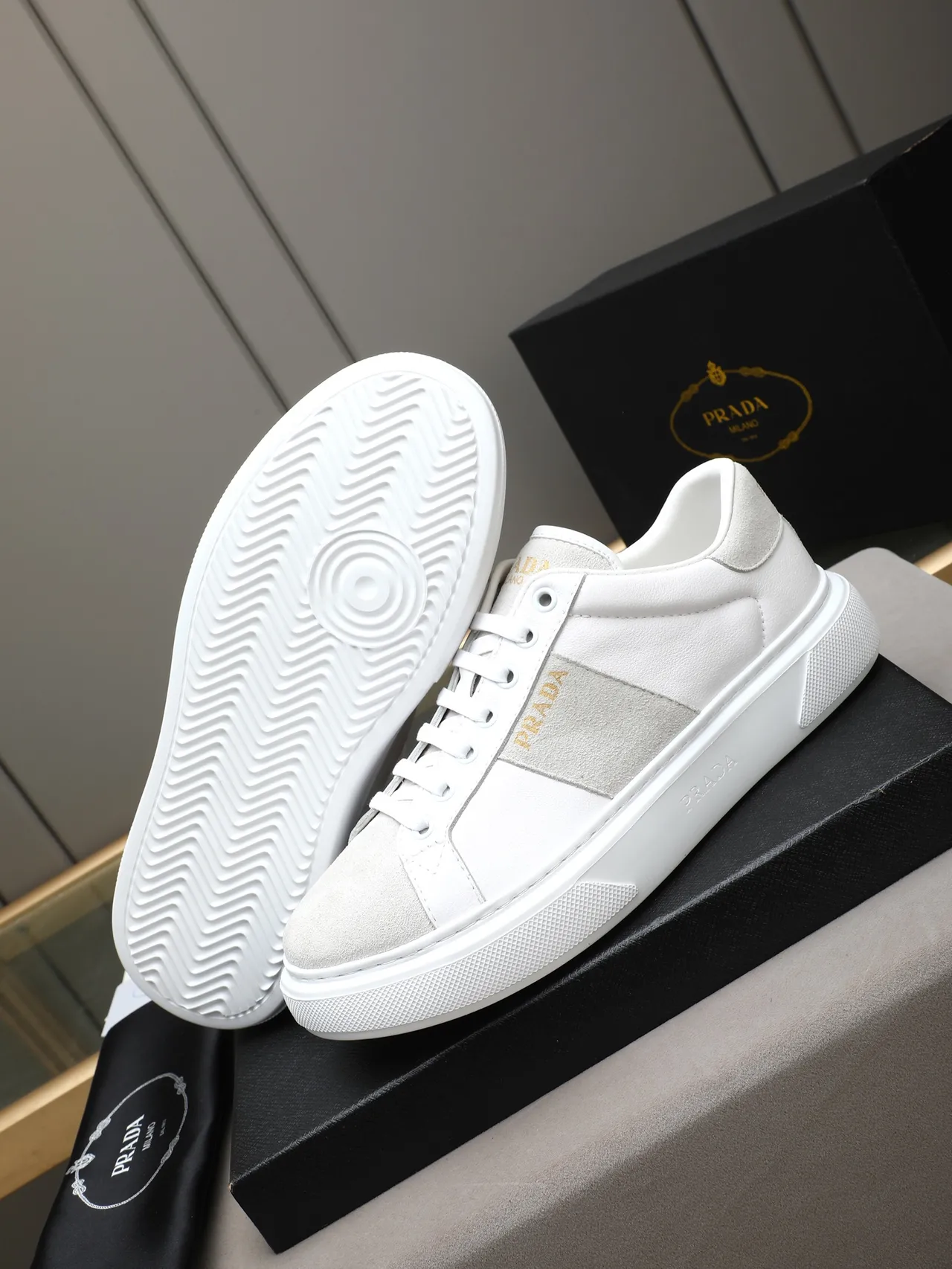 Prada White Gray Paneled Leather And Suede Upper Gold-Tone Logo Branding Lifestyle Sneakers 4