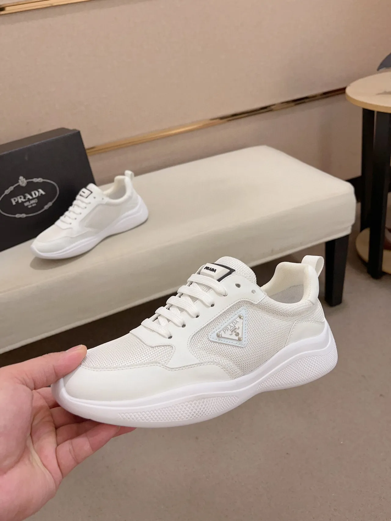 Prada White Mesh and Synthetic Lifestyle Sneaker 3