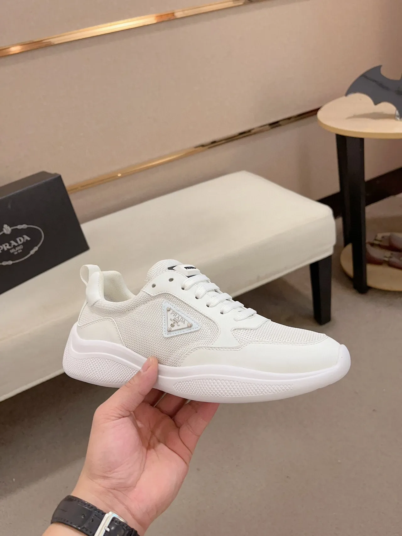 Prada White Mesh and Synthetic Lifestyle Sneaker 4