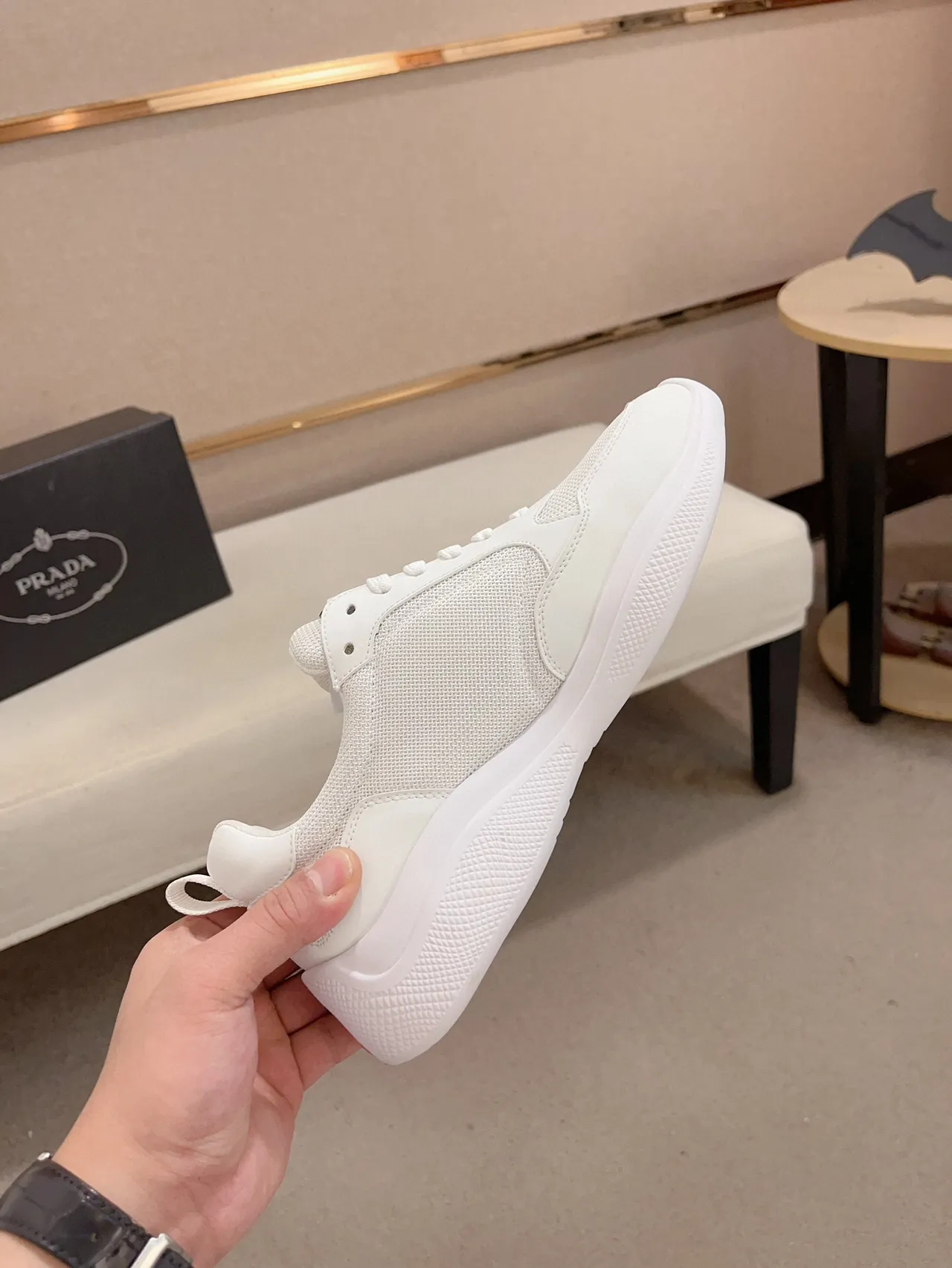 Prada White Mesh and Synthetic Lifestyle Sneaker 5