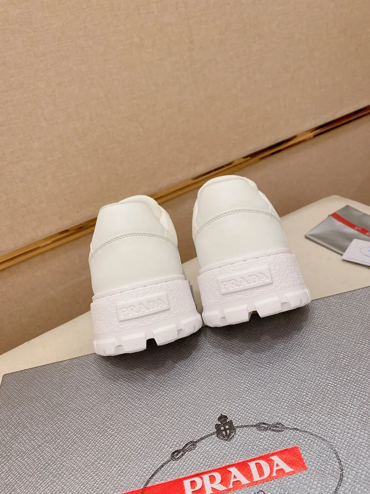 Prada White Platform Sole Textile-Leather Hybrid Upper Chunky Sneakers 3