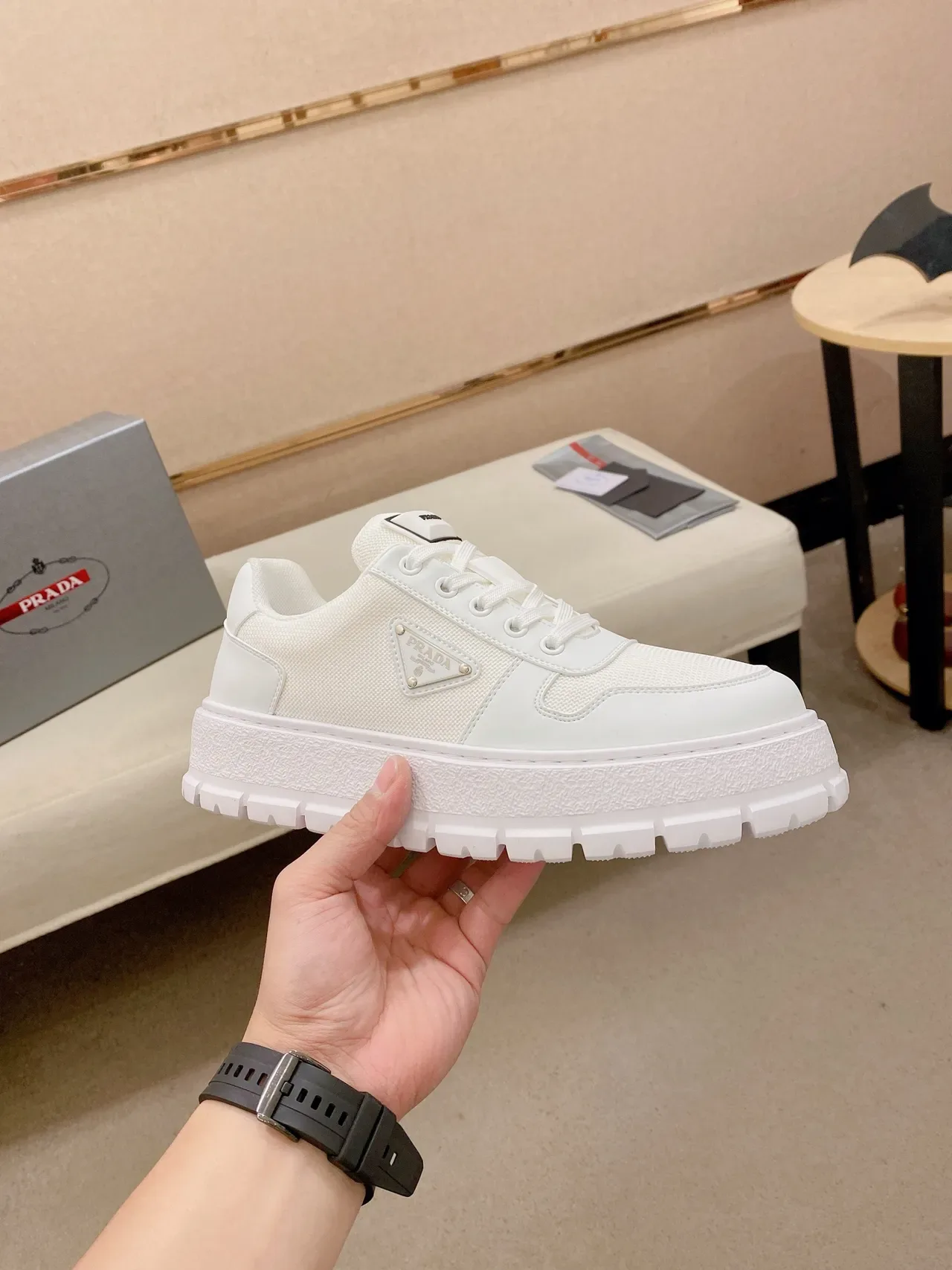 Prada White Platform Sole Textile-Leather Hybrid Upper Chunky Sneakers 4