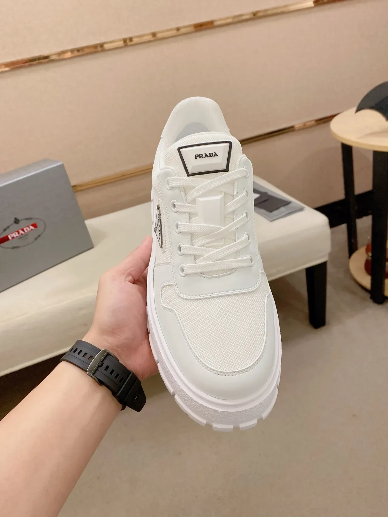 Prada White Platform Sole Textile-Leather Hybrid Upper Chunky Sneakers 5