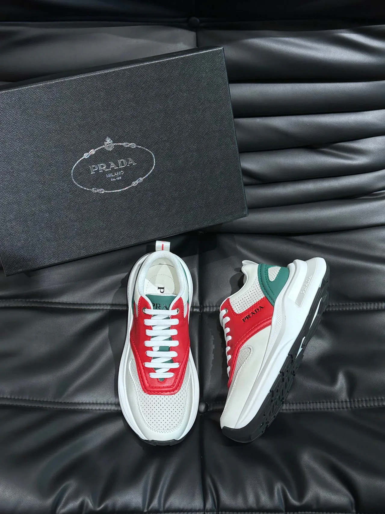 Prada White Red Layered Leather-and-Mesh Upper Perforated Toe Box Chunky Sneakers 2
