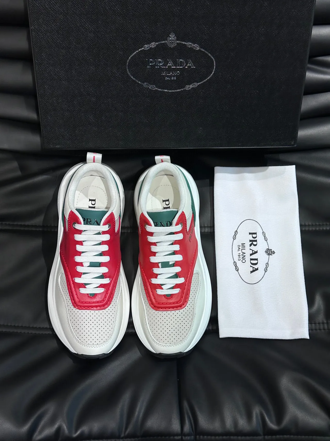 Prada White Red Layered Leather-and-Mesh Upper Perforated Toe Box Chunky Sneakers 3
