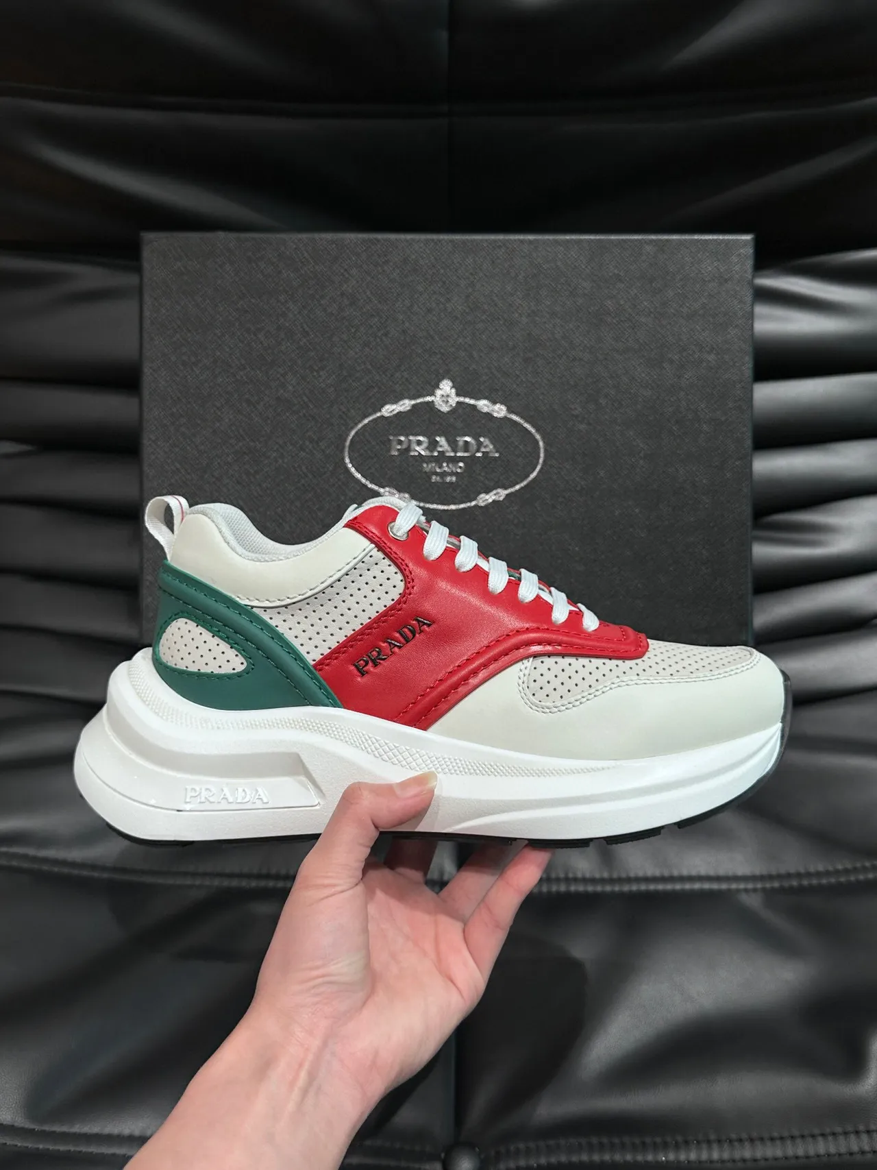 Prada White Red Layered Leather-and-Mesh Upper Perforated Toe Box Chunky Sneakers 4
