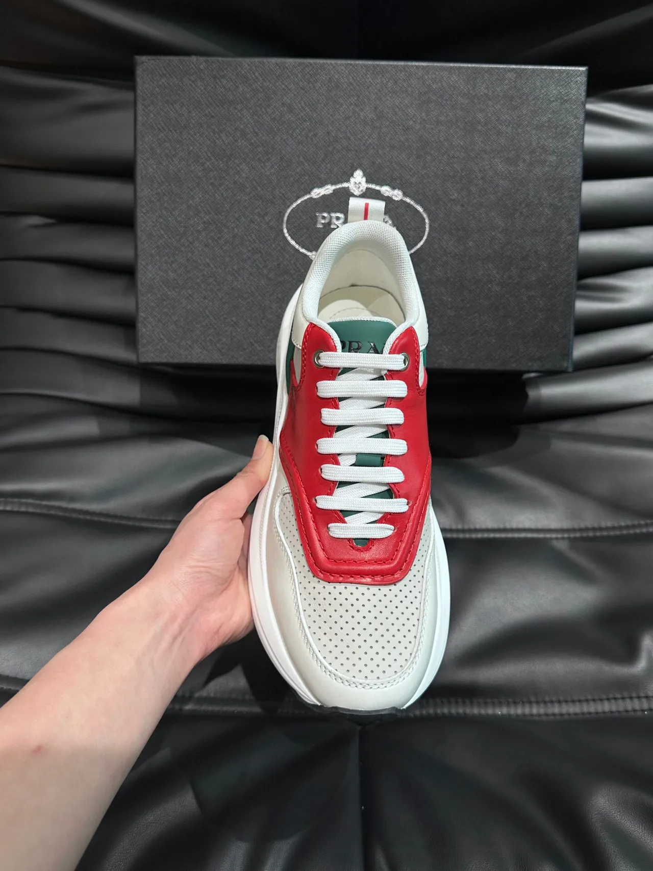 Prada White Red Layered Leather-and-Mesh Upper Perforated Toe Box Chunky Sneakers 5