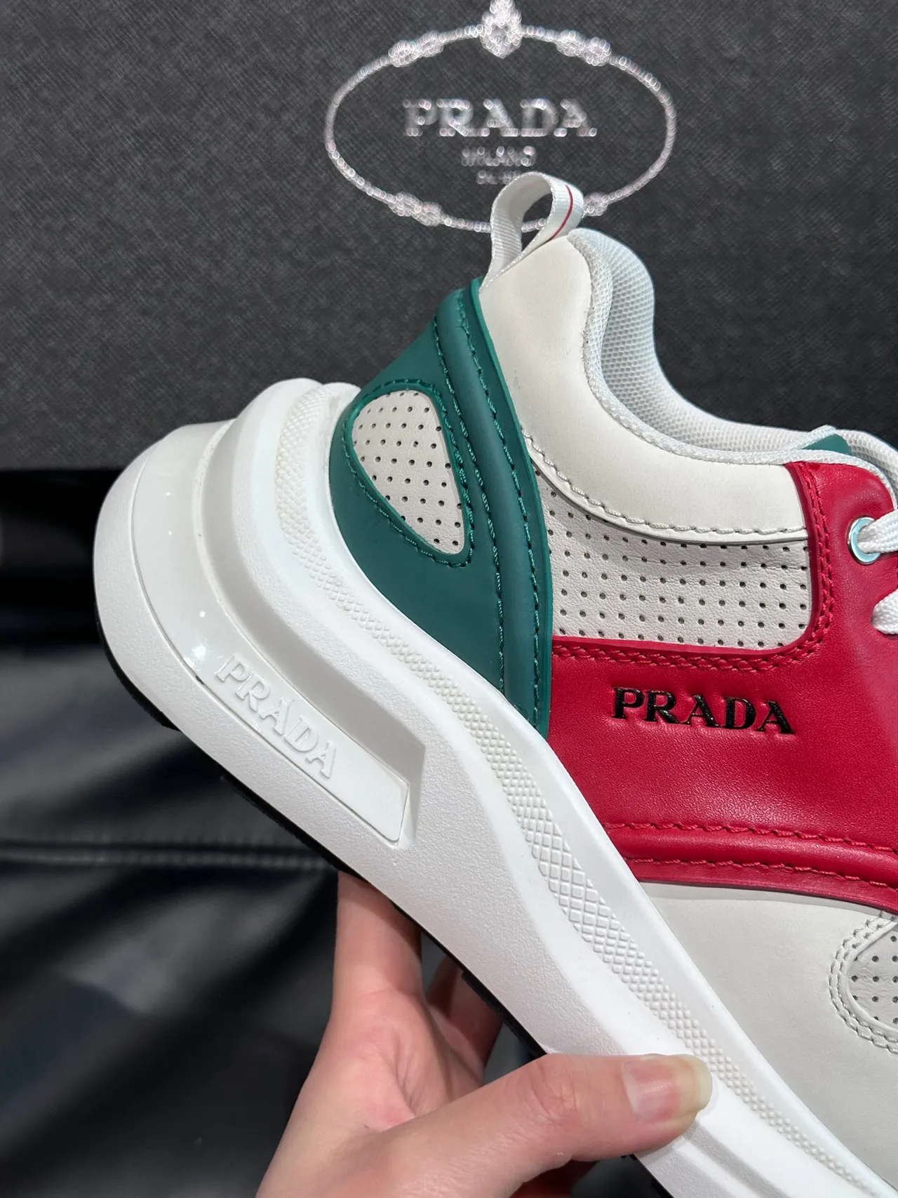 Prada White Red Layered Leather-and-Mesh Upper Perforated Toe Box Chunky Sneakers 6
