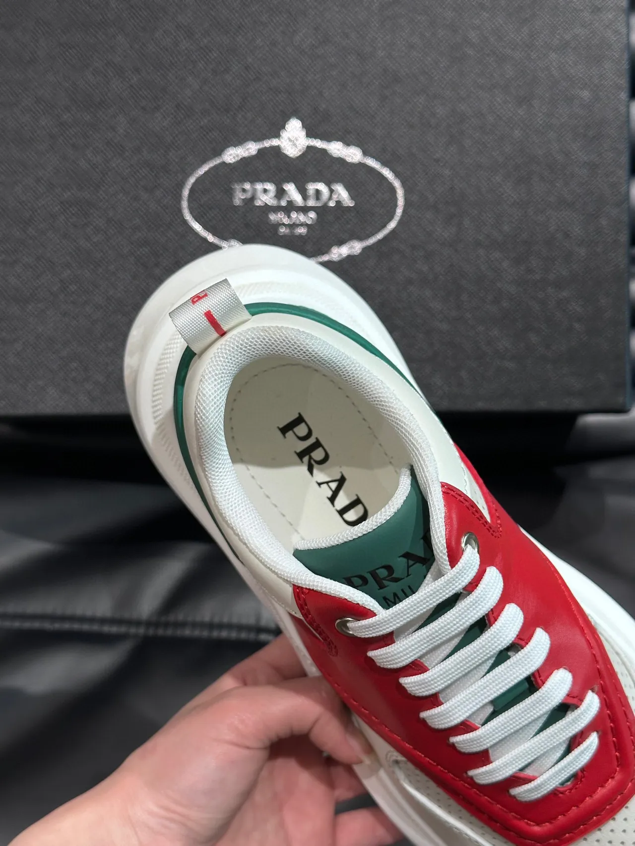 Prada White Red Layered Leather-and-Mesh Upper Perforated Toe Box Chunky Sneakers 8