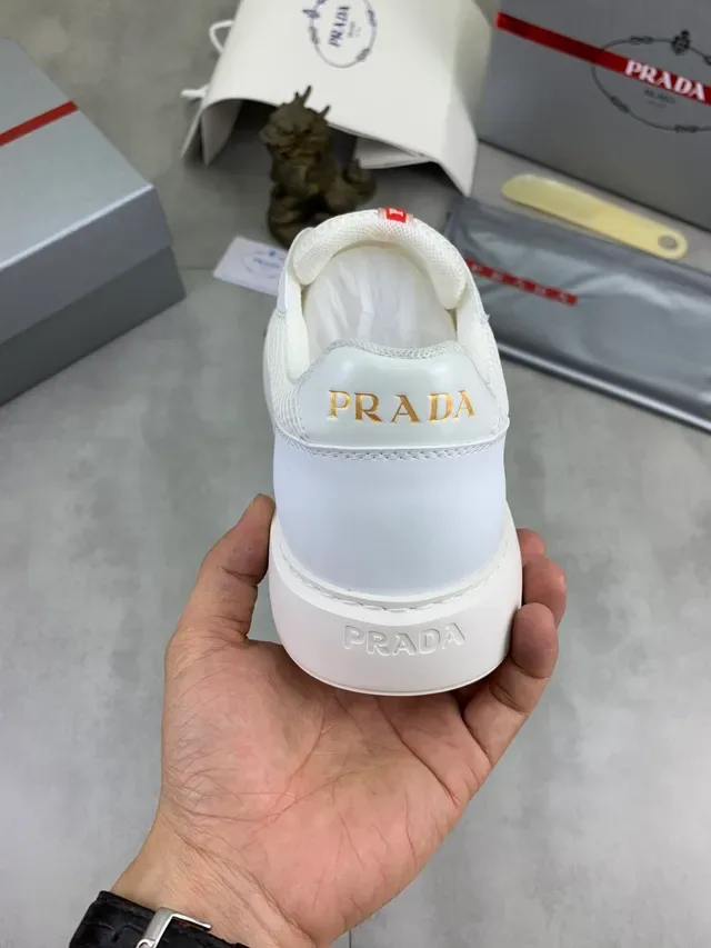 Prada White Red Mesh-and-Leather Upper Triangular Logo Plaque Lifestyle Sneakers 3