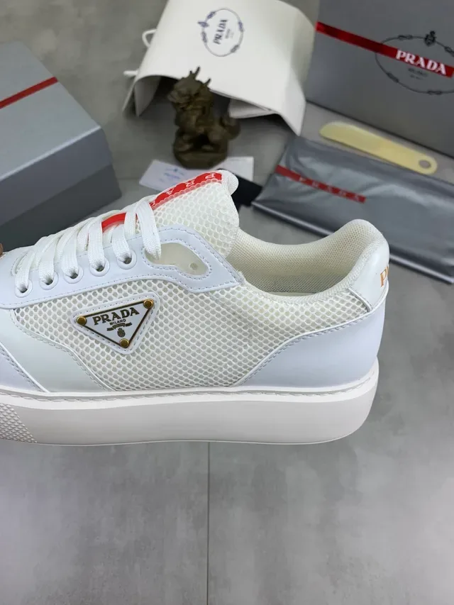 Prada White Red Mesh-and-Leather Upper Triangular Logo Plaque Lifestyle Sneakers 4