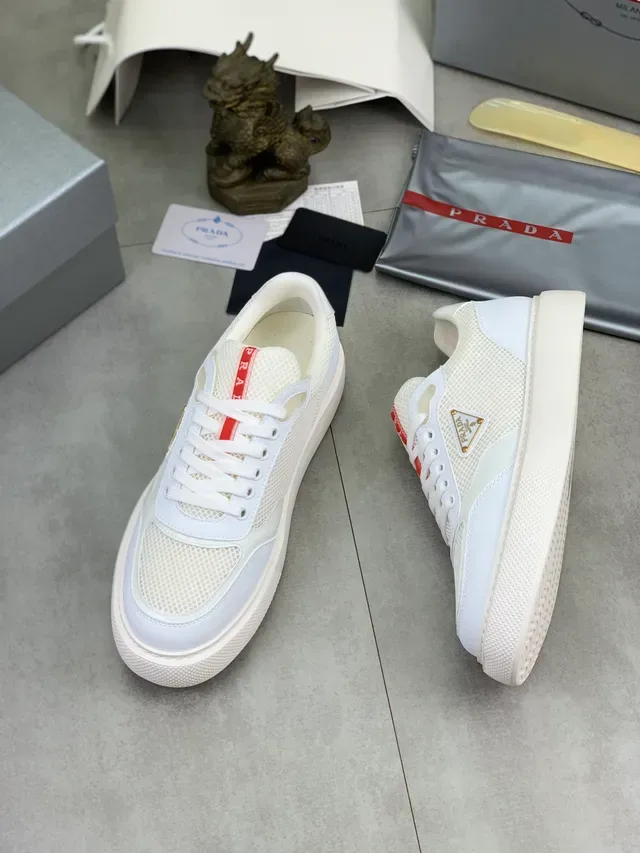 Prada White Red Mesh-and-Leather Upper Triangular Logo Plaque Lifestyle Sneakers 5