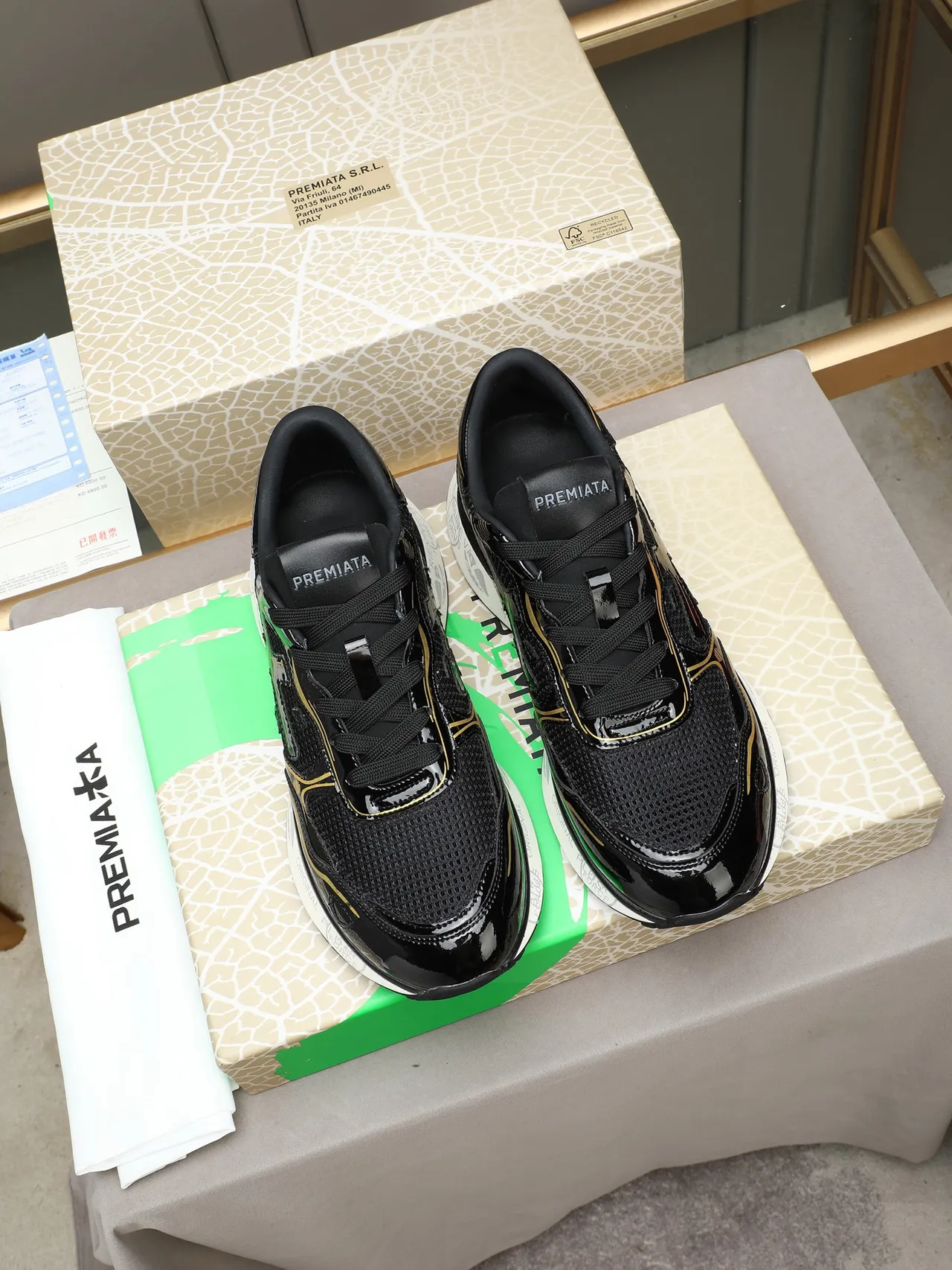 Premiata Black and Gold Patent Mesh Lifestyle Sneakers 2