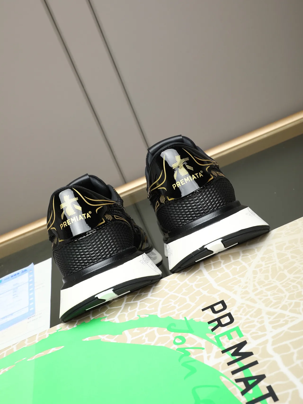 Premiata Black and Gold Patent Mesh Lifestyle Sneakers 3