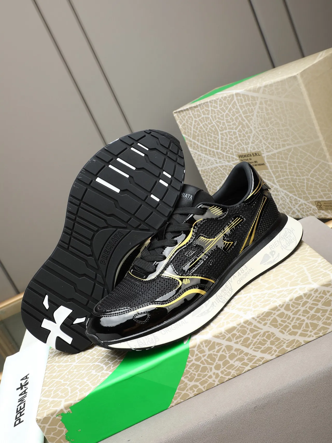 Premiata Black and Gold Patent Mesh Lifestyle Sneakers 4