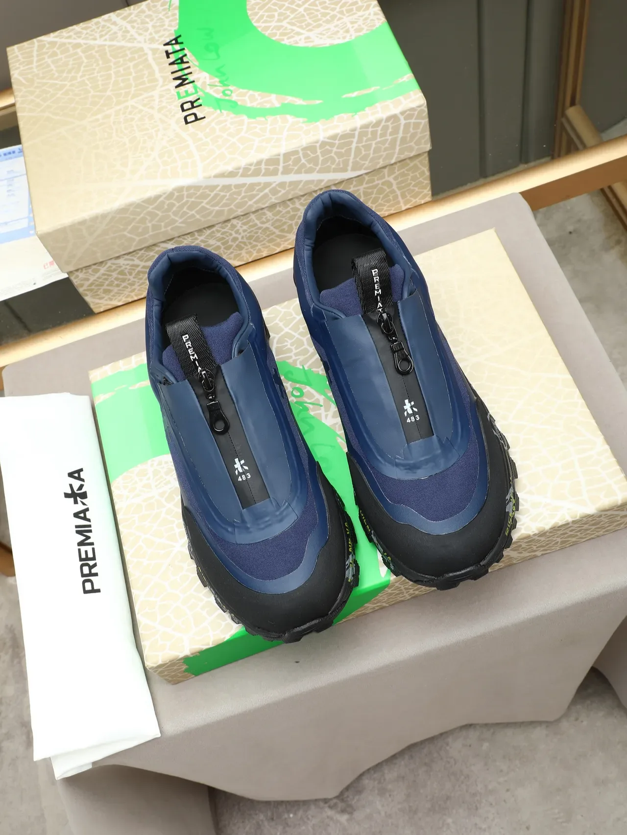 Premiata Navy Black Laceless Zip-Closure Upper Rugged Vibram Outsole Lifestyle Sneakers 3