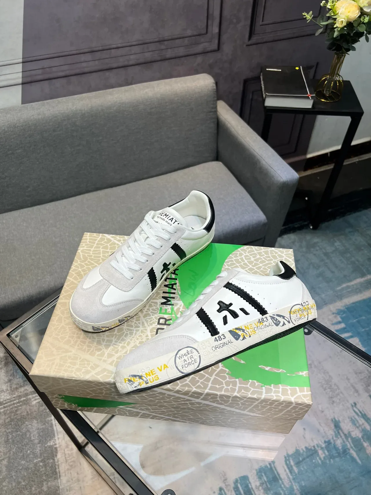 Premiata White Black Leather-Suede Hybrid Upper Zigzag Side Stripes Sneakers 4
