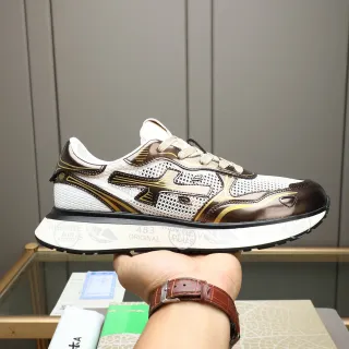 Premiata White Brown Mesh And Patent Leather Hybrid Upper Geometric Gold-Accented Overlays Lifestyle Sneakers