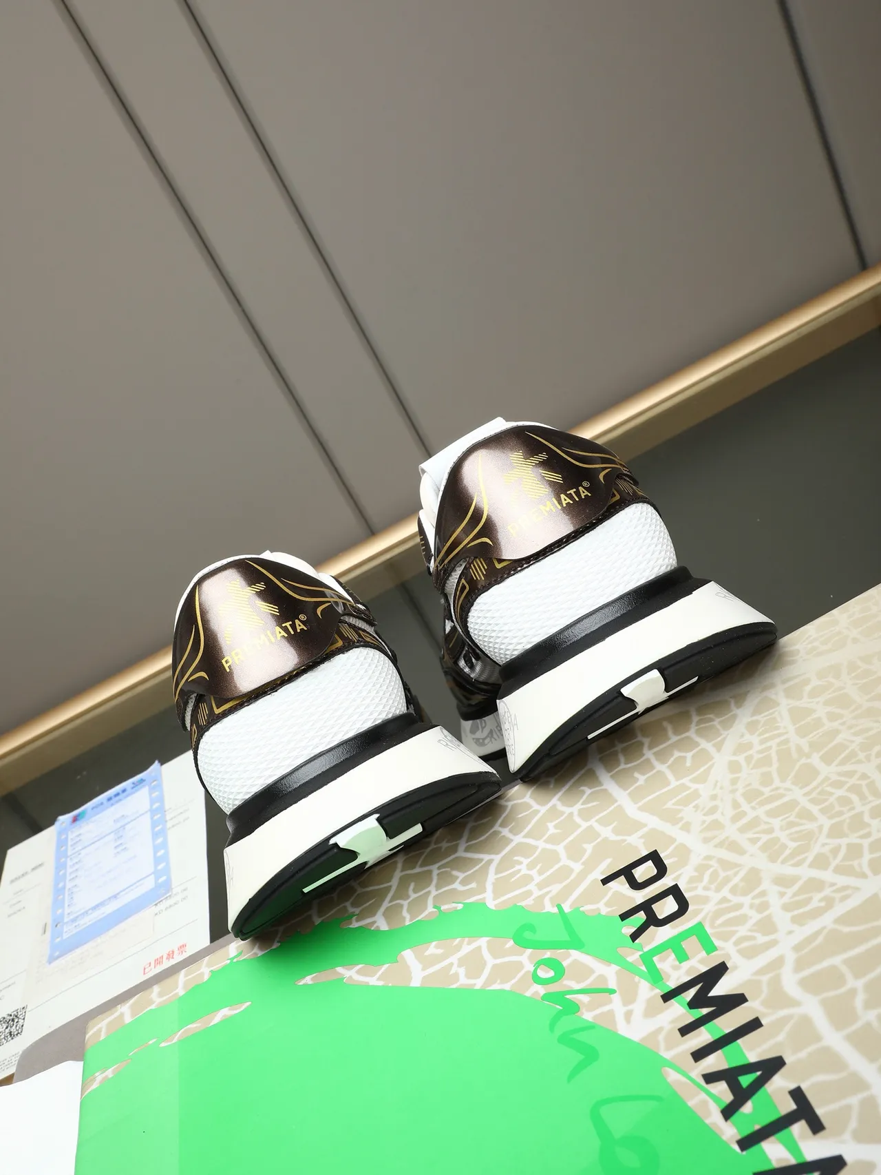 Premiata White Brown Mesh And Patent Leather Hybrid Upper Geometric Gold-Accented Overlays Lifestyle Sneakers 3