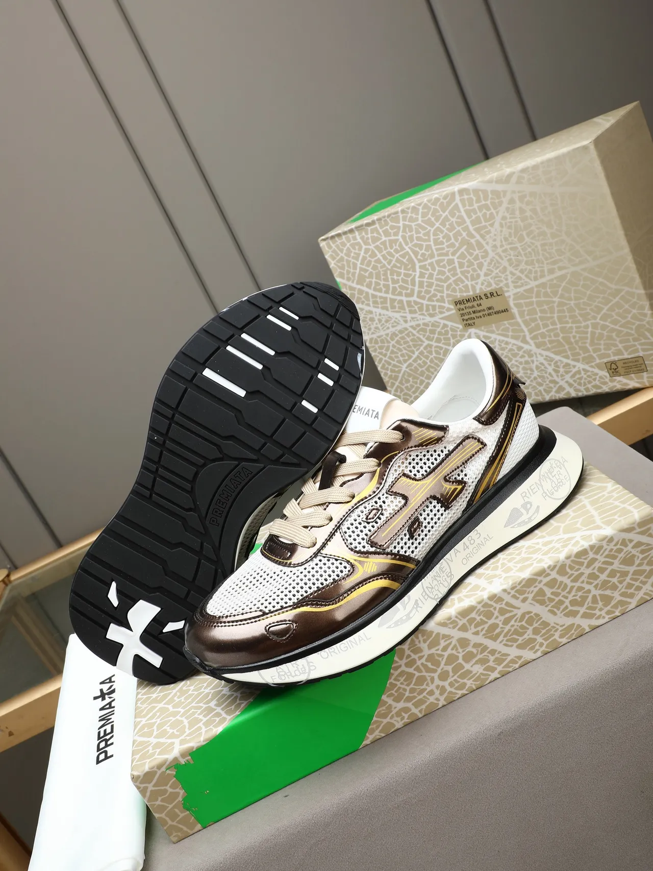 Premiata White Brown Mesh And Patent Leather Hybrid Upper Geometric Gold-Accented Overlays Lifestyle Sneakers 4