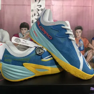 Puma All-Pro Nitro Blue Yellow Knit Mesh Upper Midfoot Strap Basketball Shoes