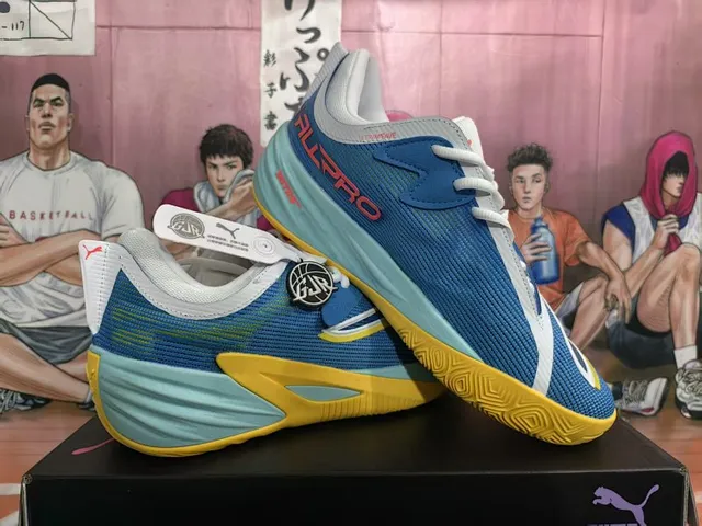 Puma All-Pro Nitro Bleu Jaune Maille Mesh Supérieur Attache du Mi-pied Chaussures de Basket-ball 2