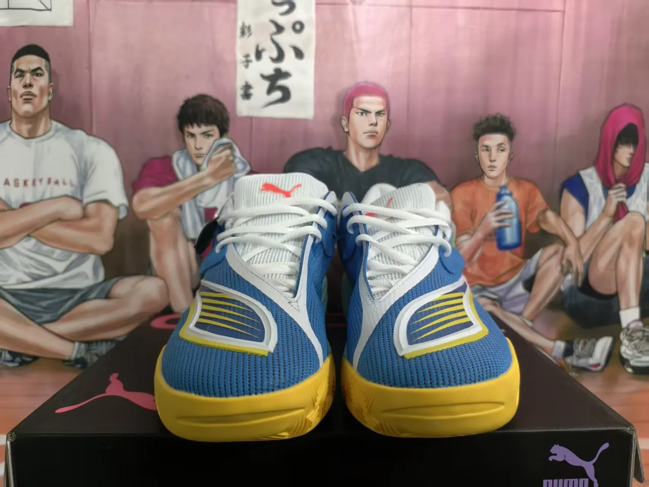 Puma All-Pro Nitro Bleu Jaune Maille Mesh Supérieur Attache du Mi-pied Chaussures de Basket-ball 5