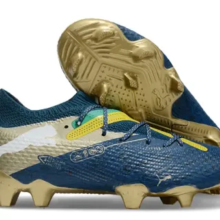 Puma Blue Gold Knit Collar Sock-Fit Asymmetric Lacing Firm-Ground Soccer Shoes