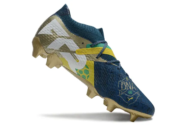 Puma Chaussures de football pour terrain ferme avec lacets asymétriques et col tricoté ajusté type chaussette bleu or 2