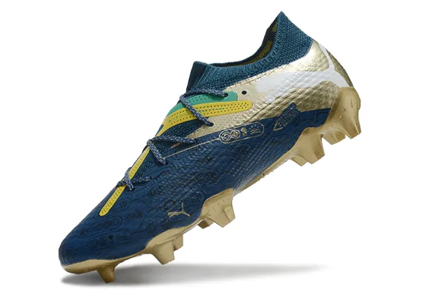 Puma Chaussures de football pour terrain ferme avec lacets asymétriques et col tricoté ajusté type chaussette bleu or 3