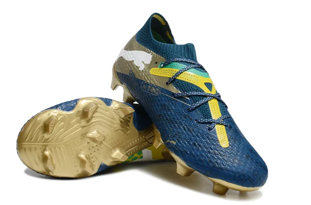 Puma Chaussures de football pour terrain ferme avec lacets asymétriques et col tricoté ajusté type chaussette bleu or 4