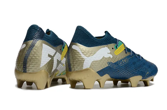 Puma Chaussures de football pour terrain ferme avec lacets asymétriques et col tricoté ajusté type chaussette bleu or 5