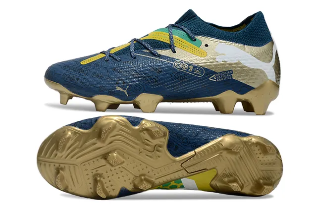 Puma Chaussures de football pour terrain ferme avec lacets asymétriques et col tricoté ajusté type chaussette bleu or 6