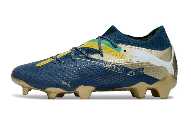 Puma Chaussures de football pour terrain ferme avec lacets asymétriques et col tricoté ajusté type chaussette bleu or 7